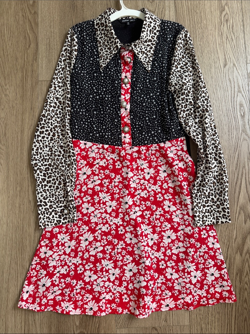 Sister Jane Red Floral, Black Star & Leopard-Print Mixed Dress